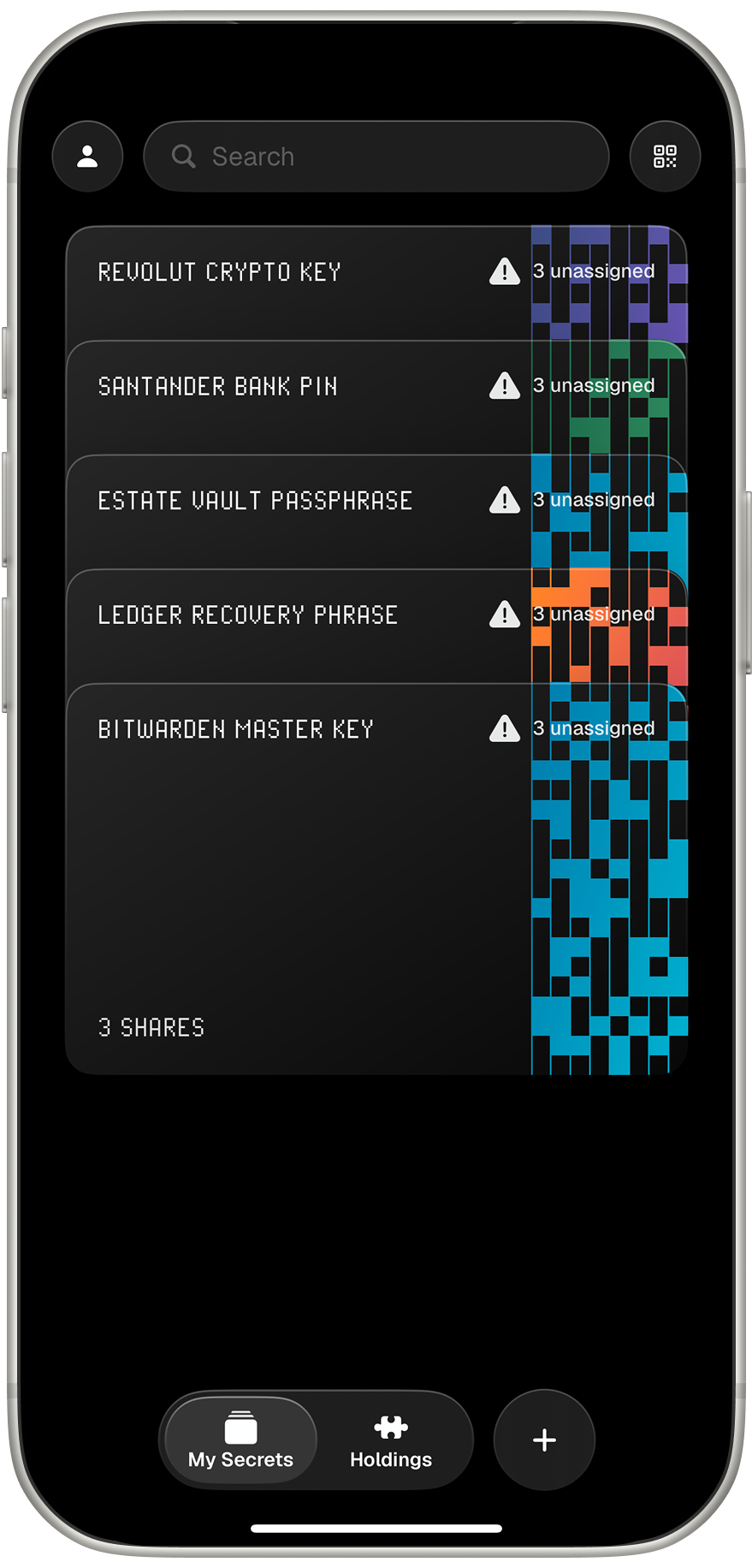 Mosaic's My Secrets screen: five secrets, each split into shares
